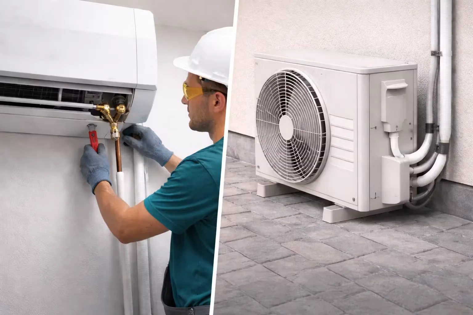 Instalador trabajando en una unidad de aire acondicionado